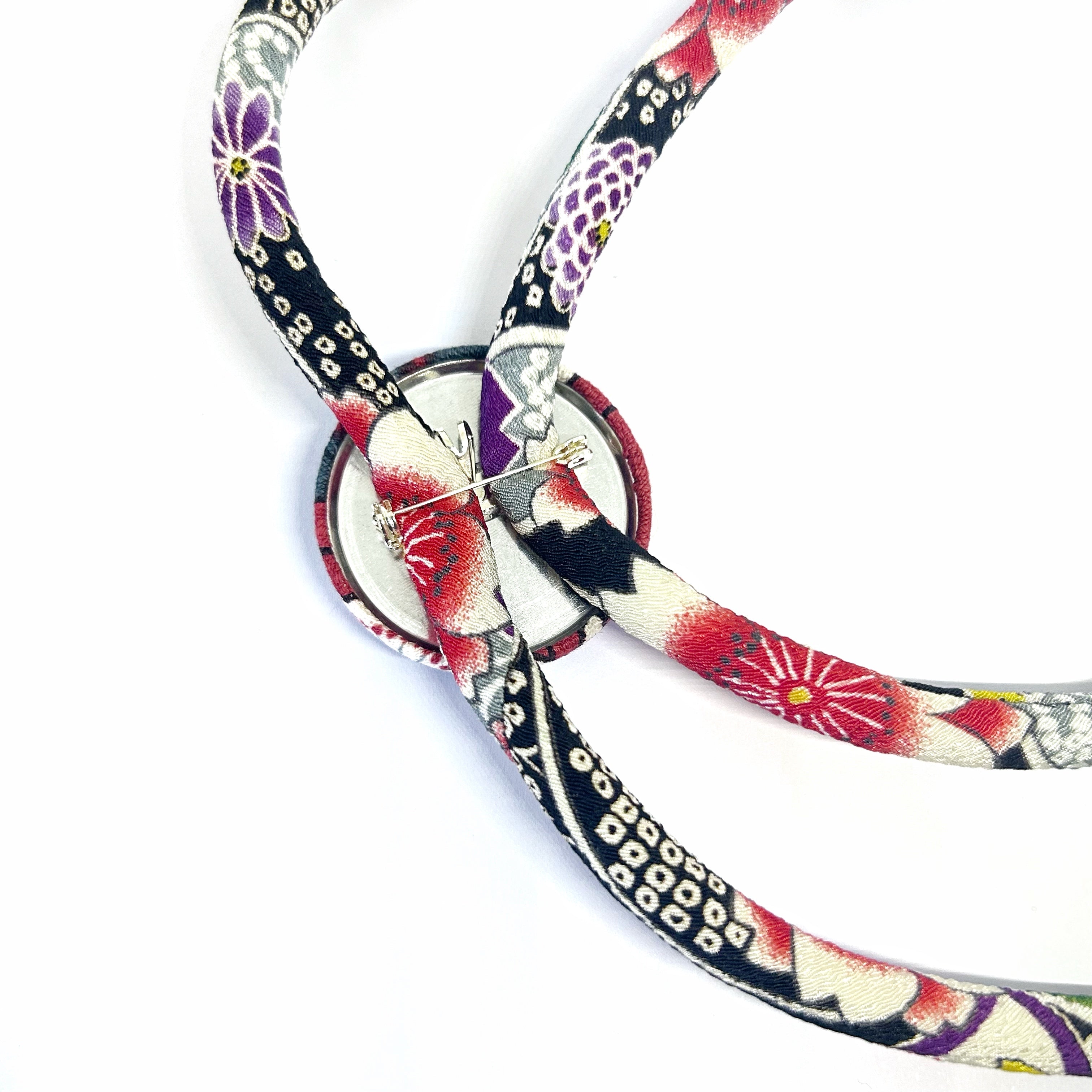 Kimono Cord Necklace - Grey, Red and White Blossom