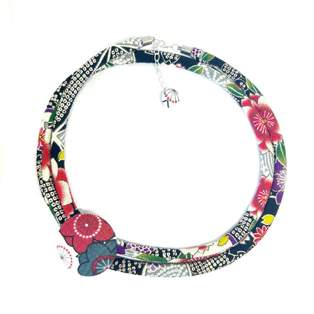 Kimono Cord Necklace - Grey, Red and White Blossom