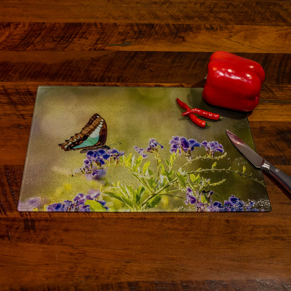 Blue Triangle Butterfly - Chopping Board - Tempered Glass