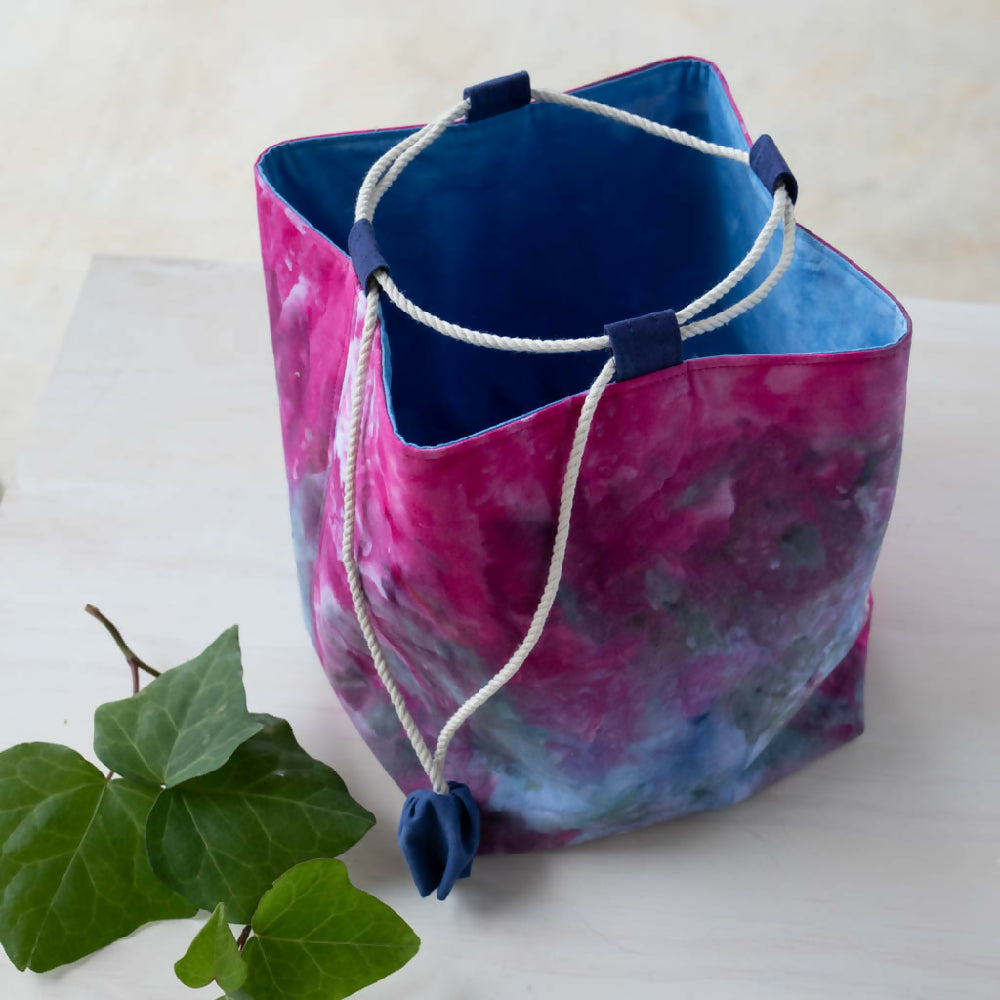 Ice Dyed Japanese style Komebukuro Bag, Fuchsia/Blue