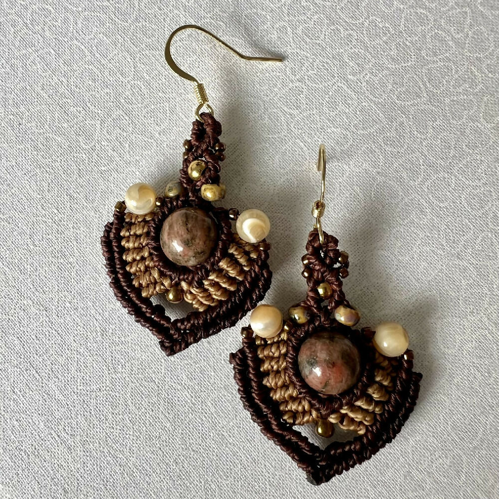 SOLD OUT- Jasper & Shell beads - Micro Macrame Earrings +Free Microfiber Pouch