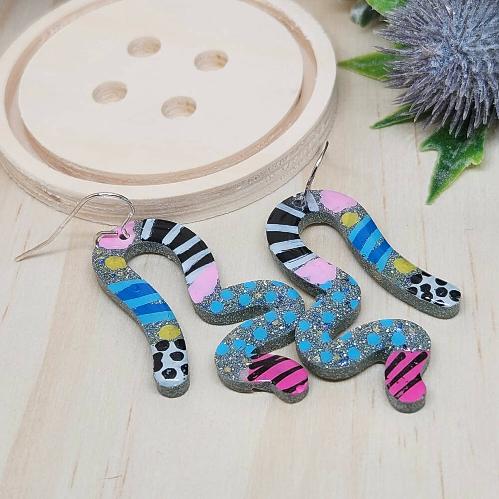 Dangle Earrings Squiggles Hand Painted Handcast Resin - Hook