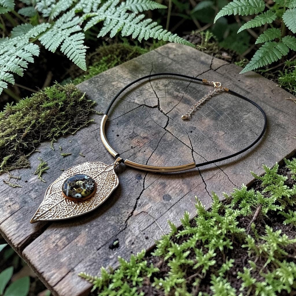 Steampunk watch parts gold leaf necklace