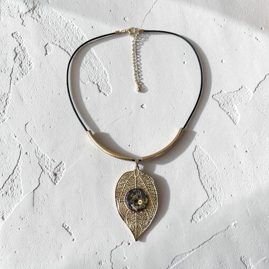 Steampunk watch parts gold leaf necklace