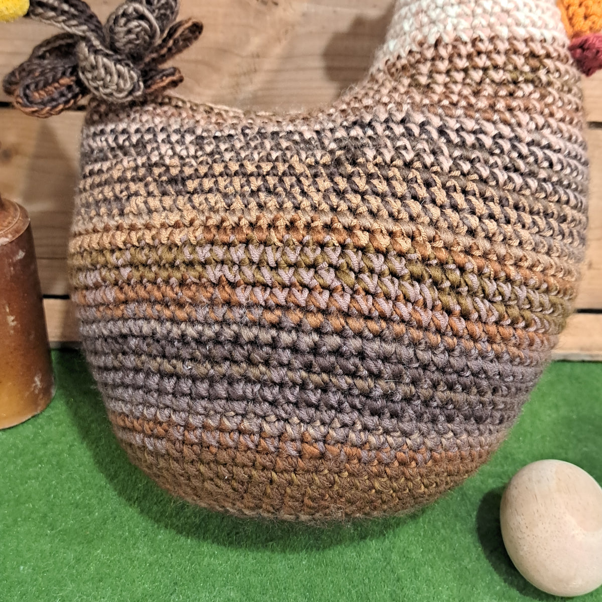 Handmade Crochet chicken cushion brown white