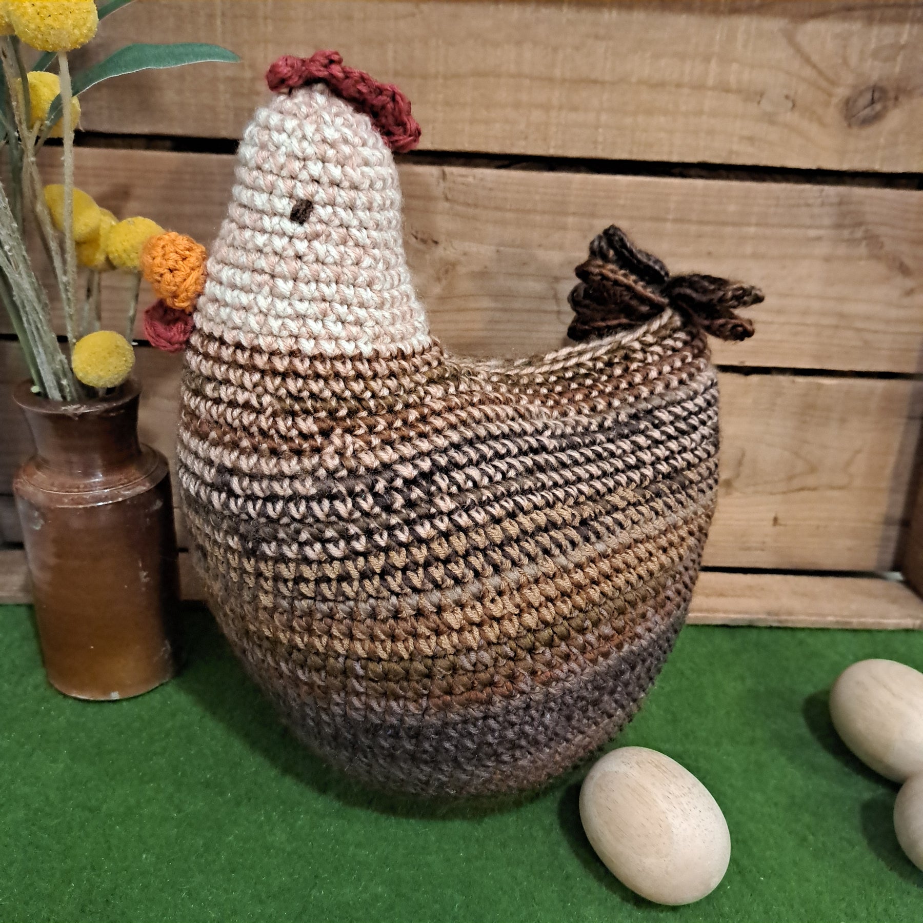 Handmade Crochet chicken cushion brown white
