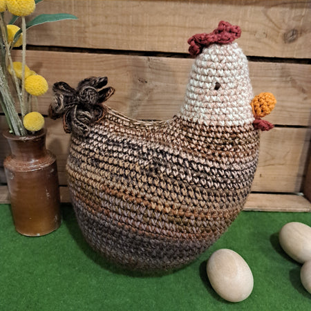 Handmade Crochet chicken cushion brown white