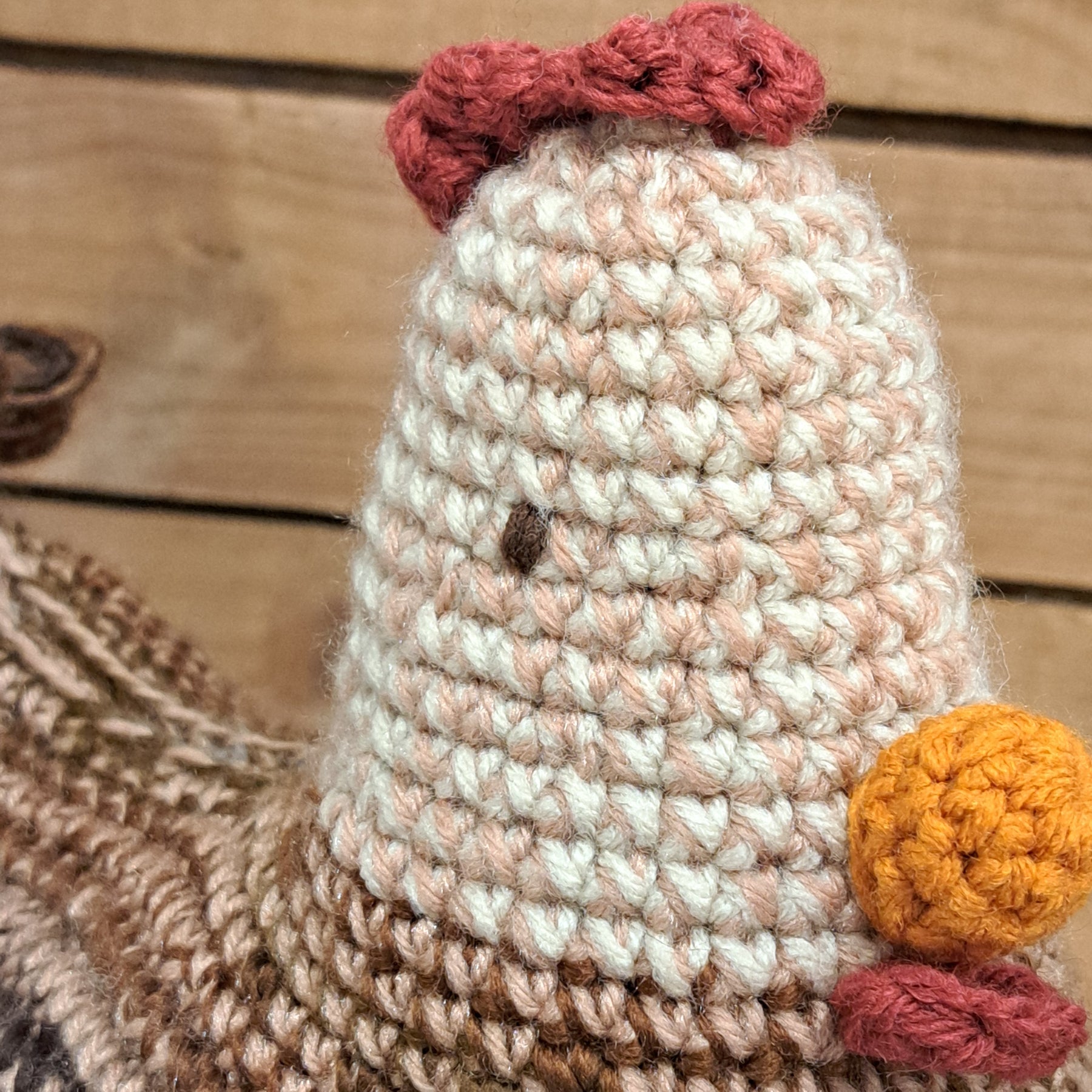 Handmade Crochet chicken cushion brown white