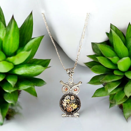 Steampunk owl watch pieces necklace