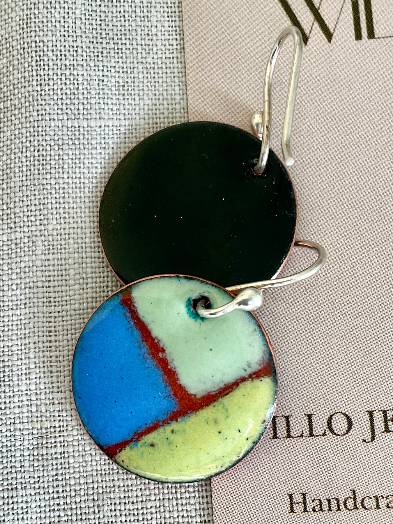 Yellow blue and green retro earrings. Enamel.