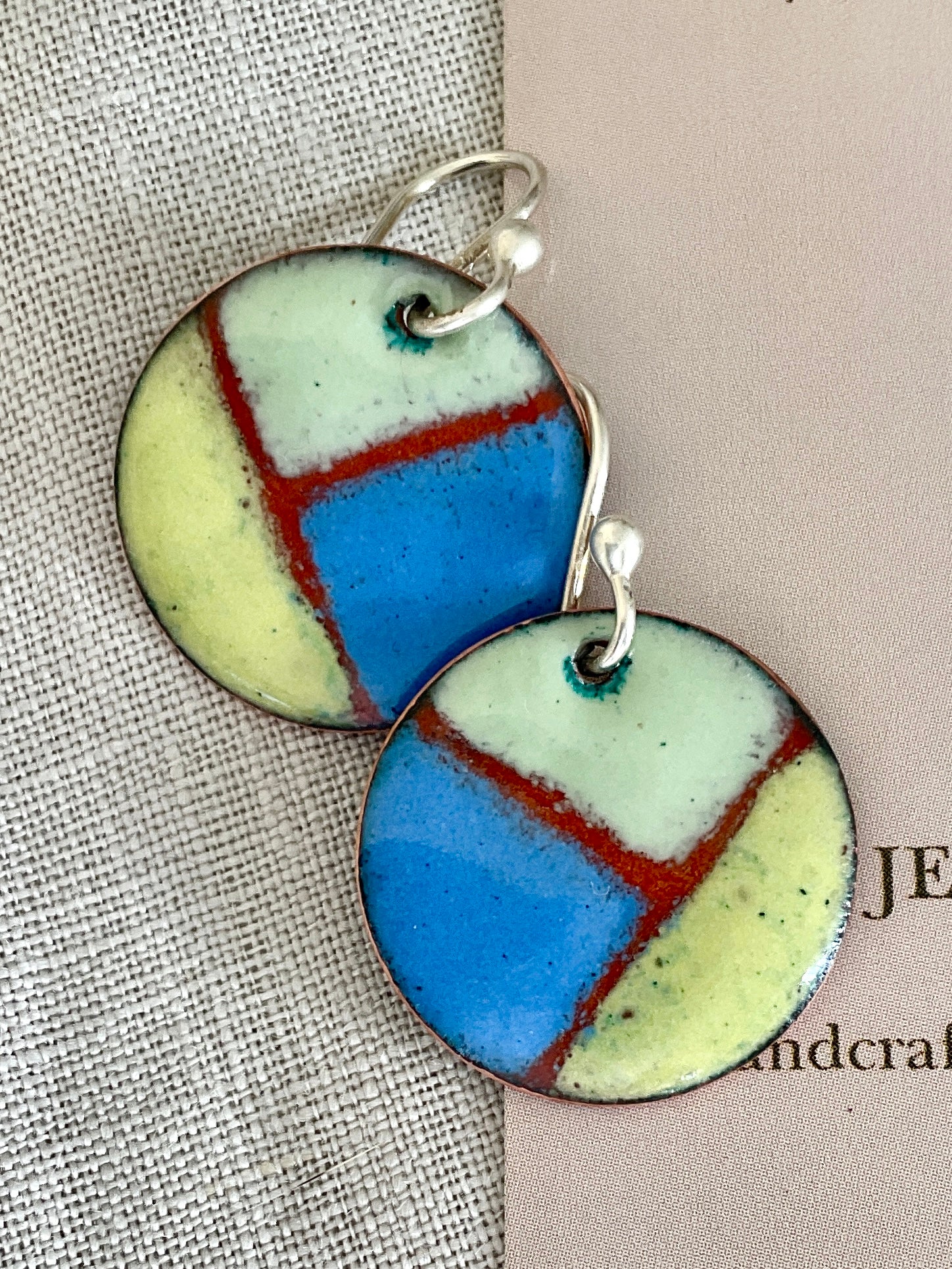 Yellow blue and green retro earrings. Enamel.