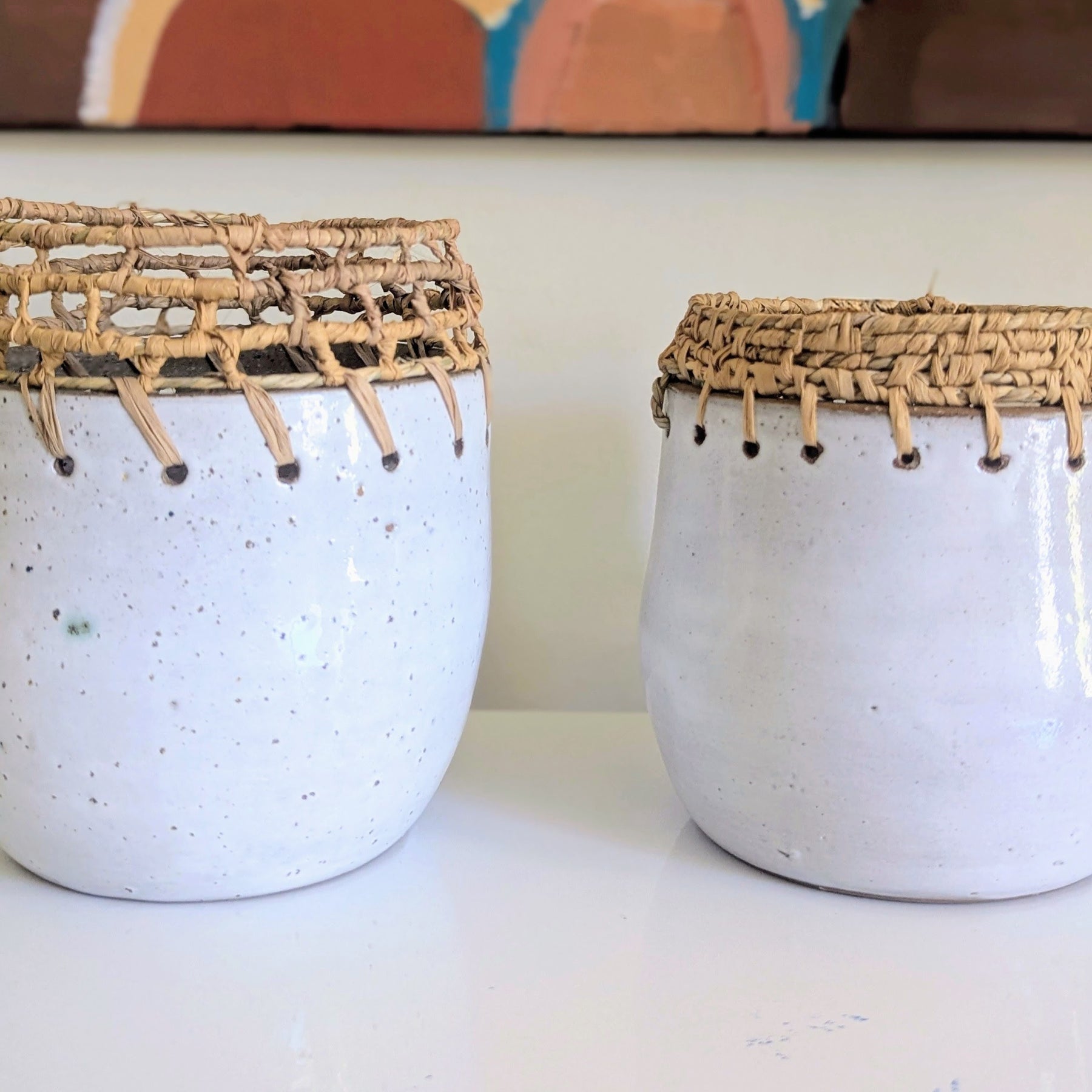 Clay Planter Pots with Woven Edge |  Basketry Detail |Recycled Circular Clay Seagrass Raffia|