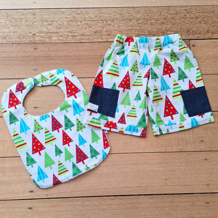 Handmade Boys Christmas Shorts & Bib Set | Size 6 months