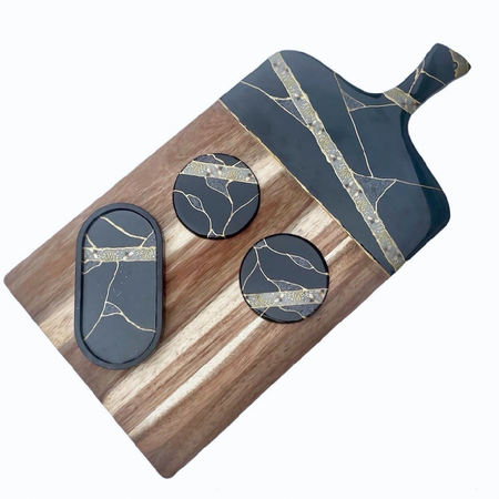 Resin Art Serving Board Set - Black & Gold Kintsugi Bee Design