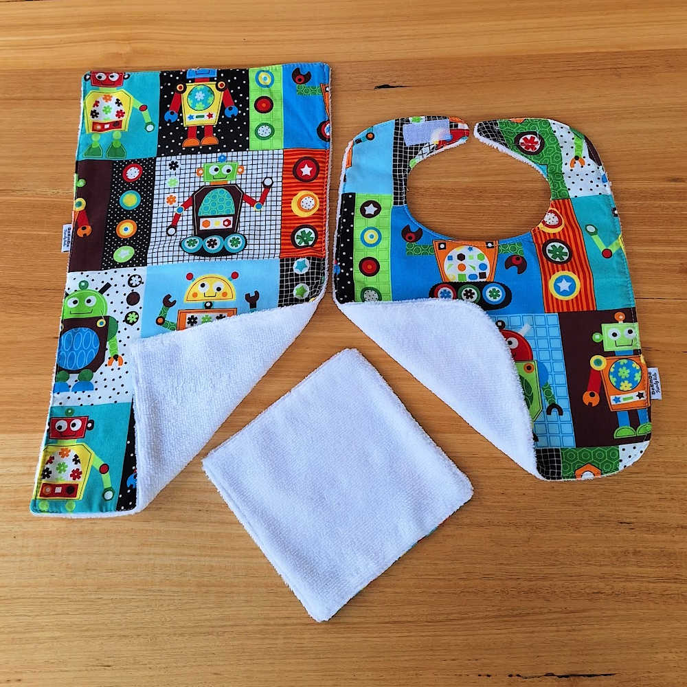Handmade Baby Bib, Burp Cloth Set | Robot Print