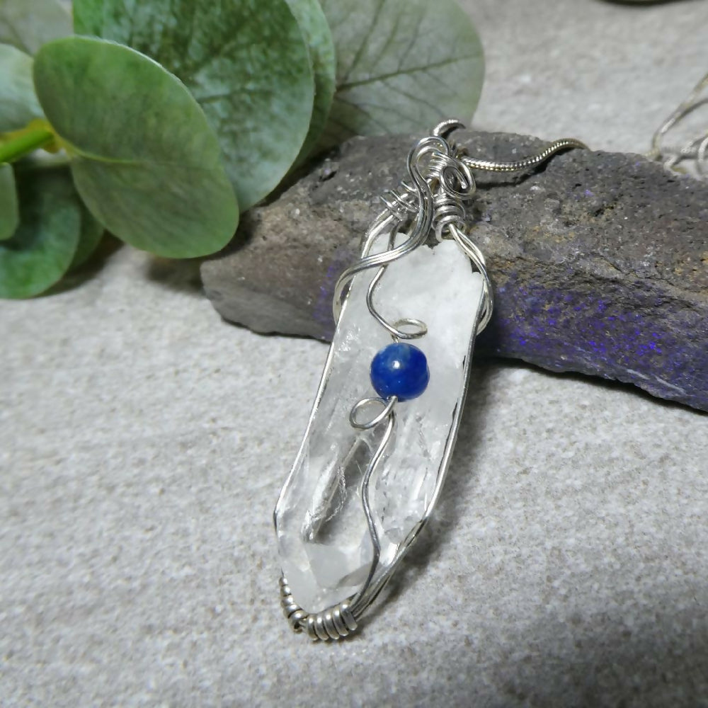 Large Quartz point with Kyanite Sterling silver pendant