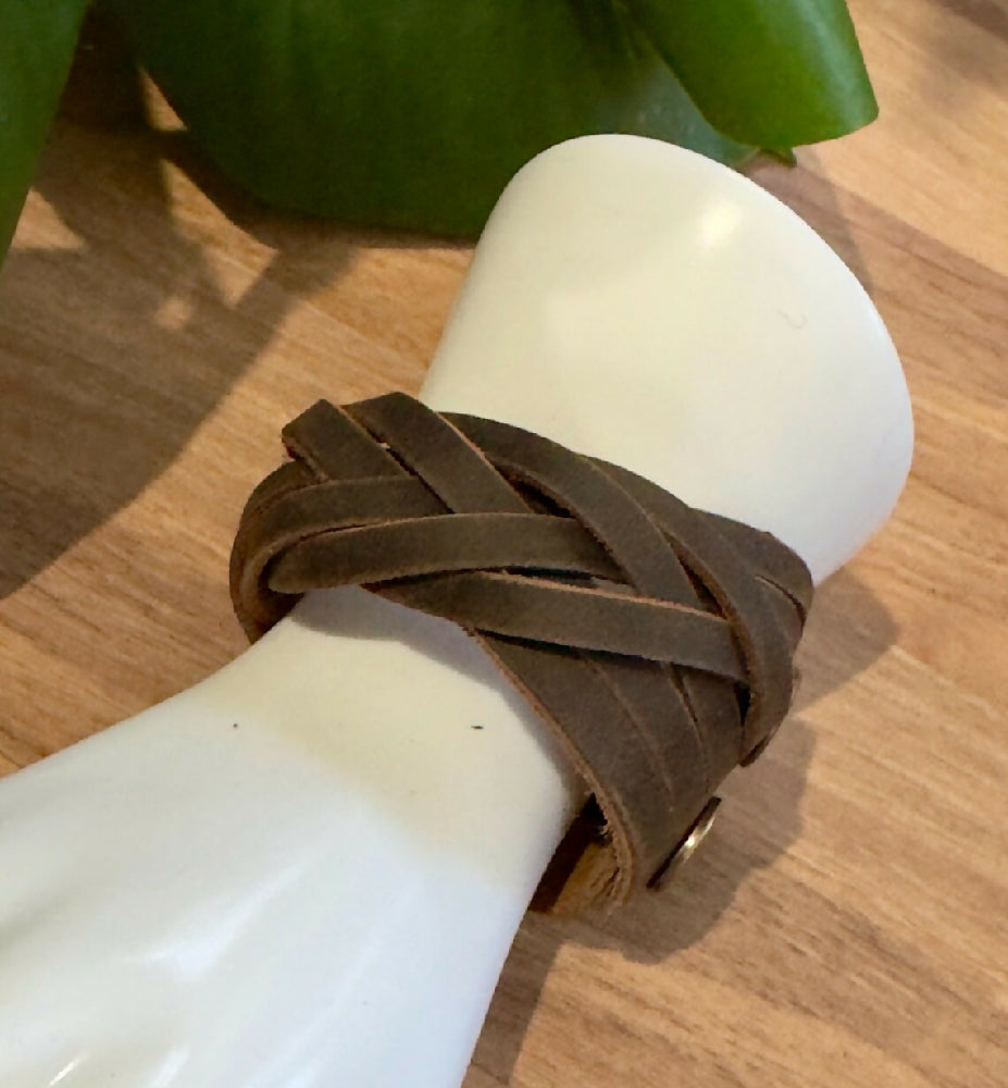 Brown Mystery Braid Leather Cuff Bracelet