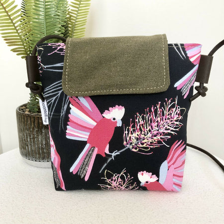 Small Cross Body Bag in Pink Cockatoo with Green Canvas