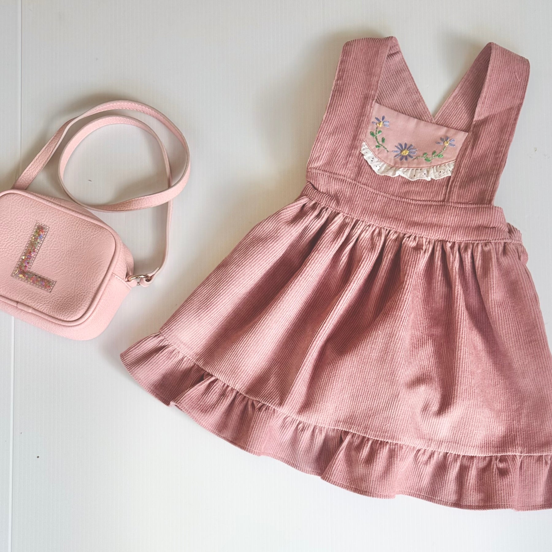 Girls Dusty Rose Corduroy Pinafore with Hand Embroidery