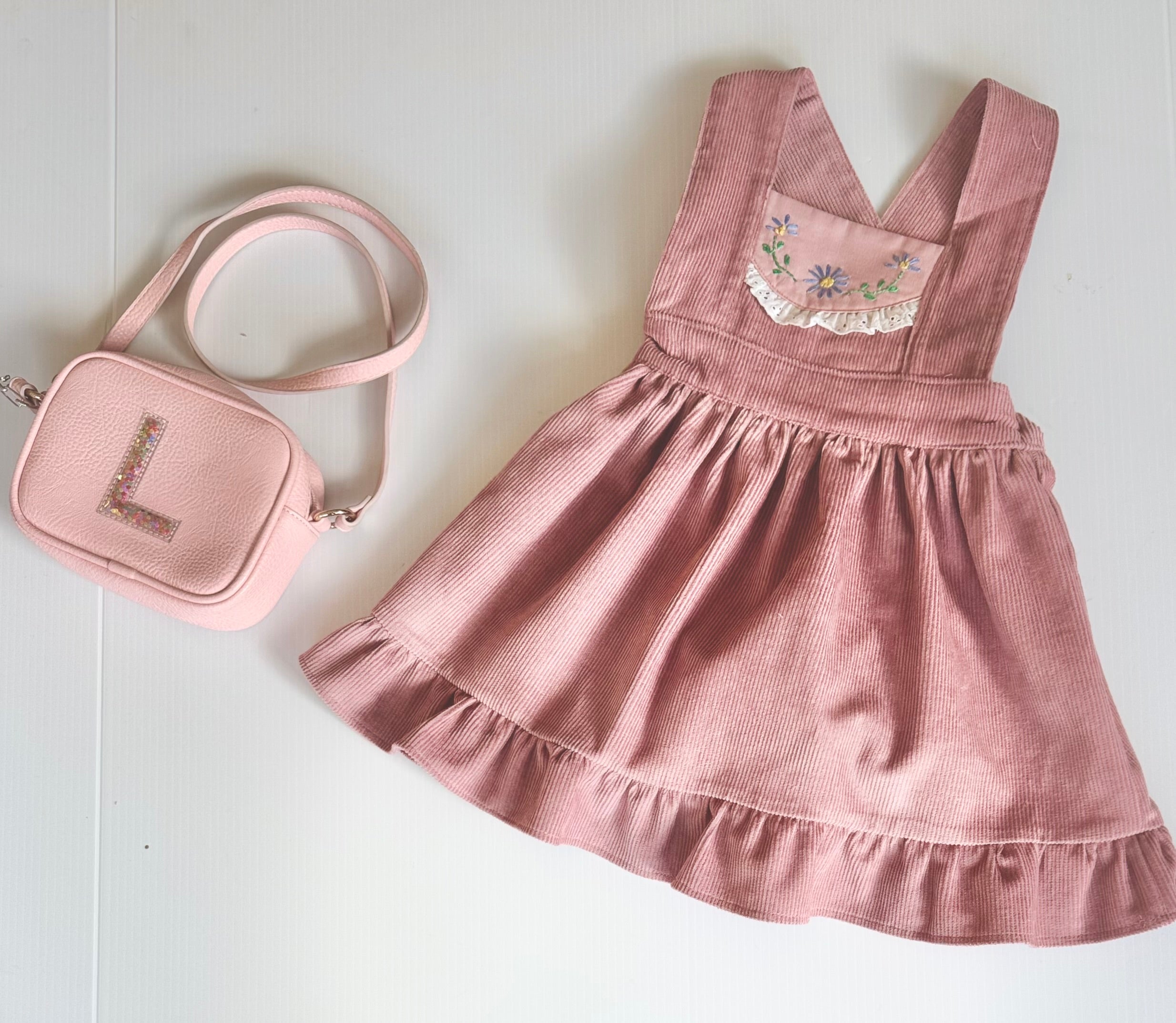 Girls Dusty Rose Corduroy Pinafore with Hand Embroidery