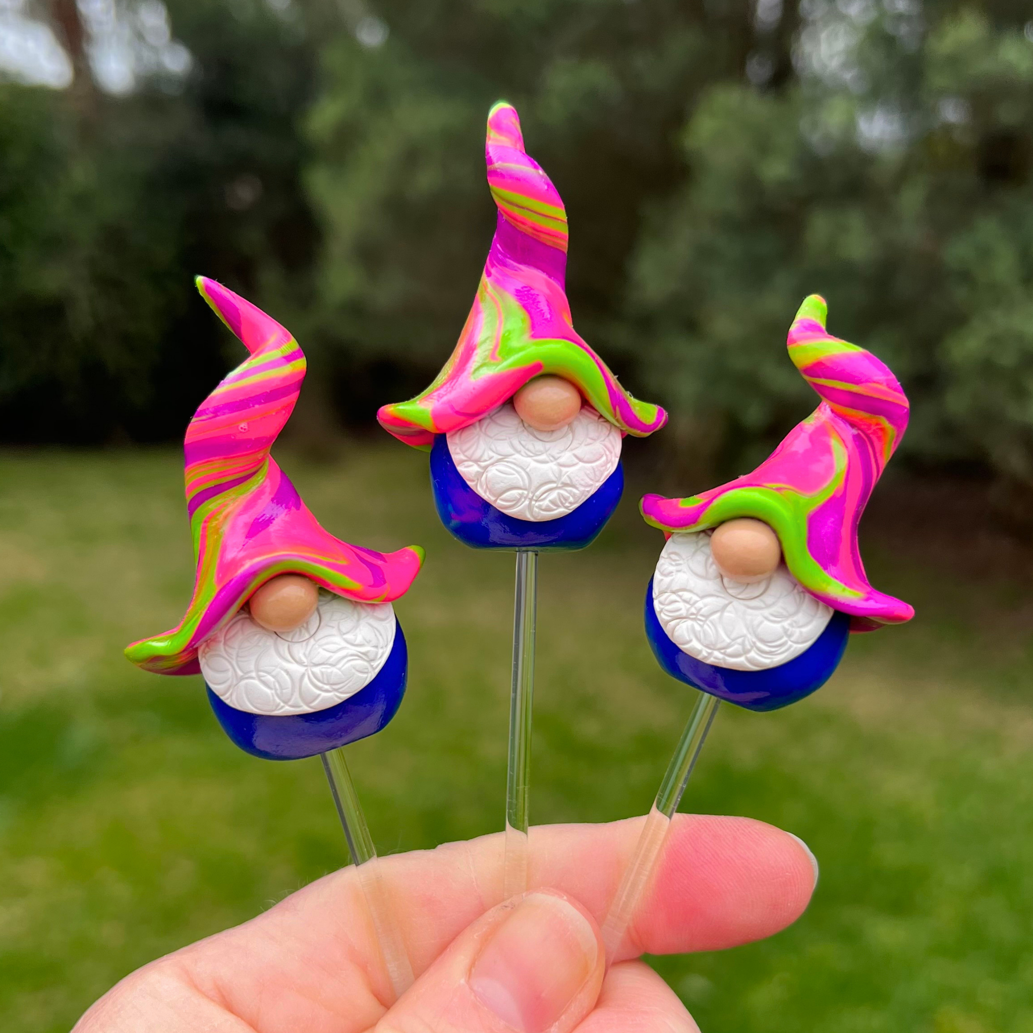 Whimsical polymer gnome trio - Pogo, Fizzle & Dizzy