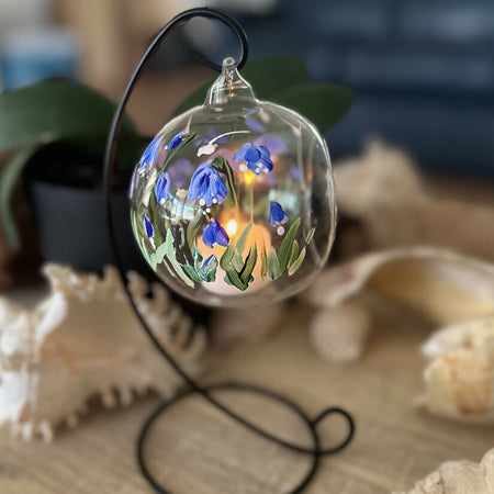 Glass Candle Holder, Hand Painted With Blue Bells, Tea Light Burner, Wedding Table Decorations