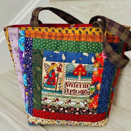 Welcome Friends log cabin patchworks tote bag