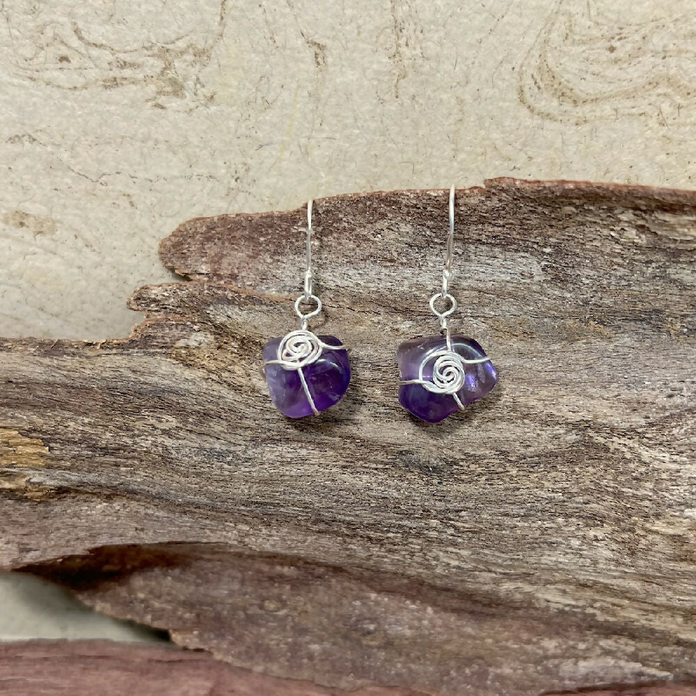 Silver plated wrapped amethysts earrings