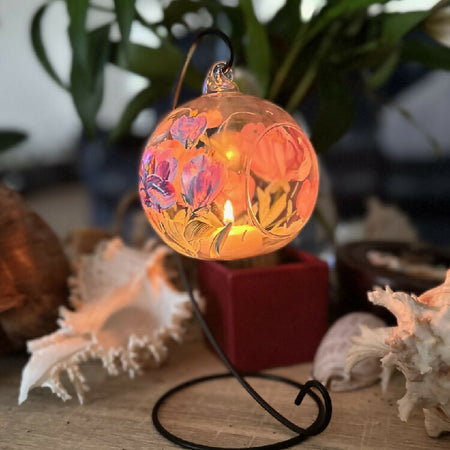 Glass Hanging Candle Holder Painted With Peonies