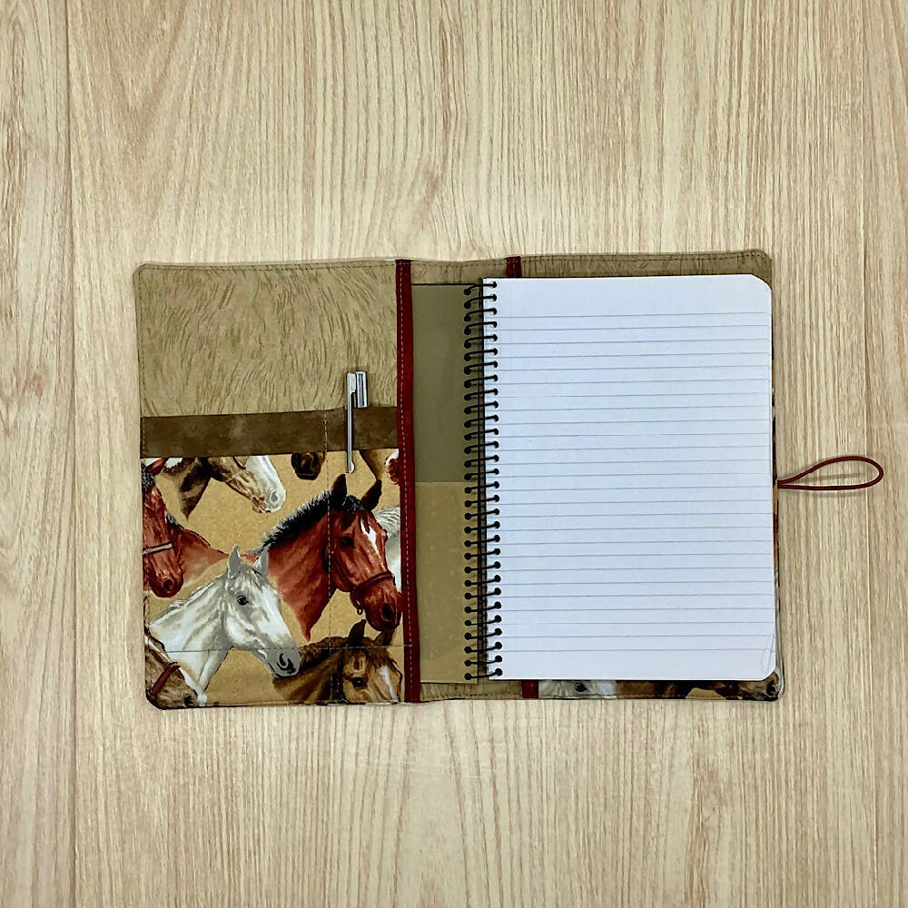 Horses refillable A5 fabric notebook cover gift set - Incl. book and pen.