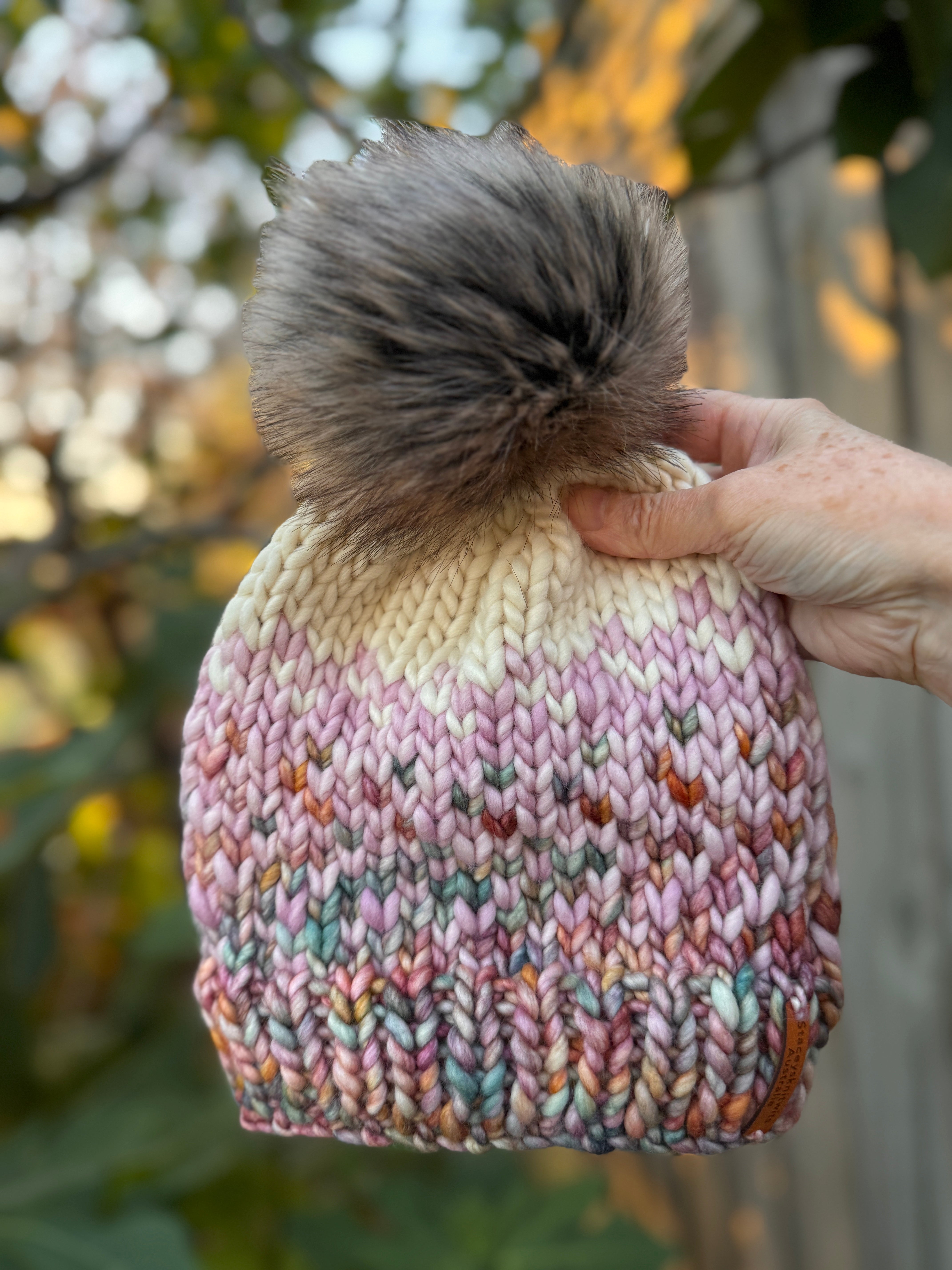 Hand Knitted Merino PomPom Beanie, Pink Colorful Beanie