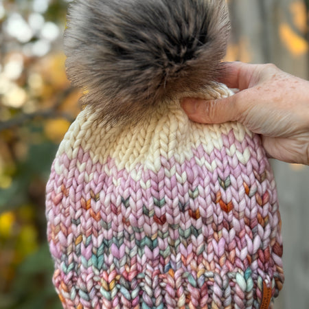 Hand Knitted Merino PomPom Beanie, Pink Colorful Beanie