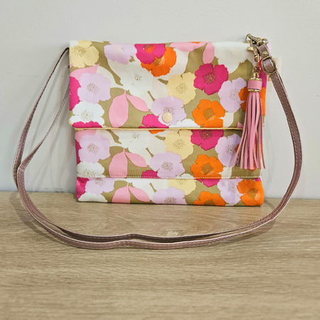 Crossbody Bag - Pink Orange and Gold Floral design