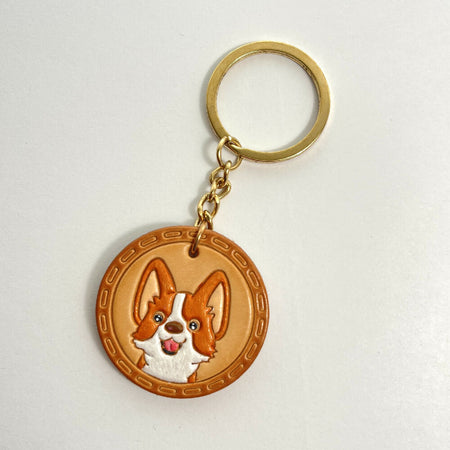 Corgi Dog Face Leather Key Chain with hand-painting