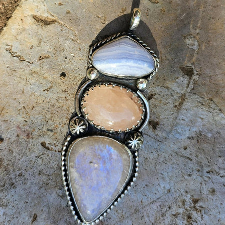 Blue Lace Agate, Morganite & Belomorite (Sunstone in Moonstone) Sterling Silver Pendant