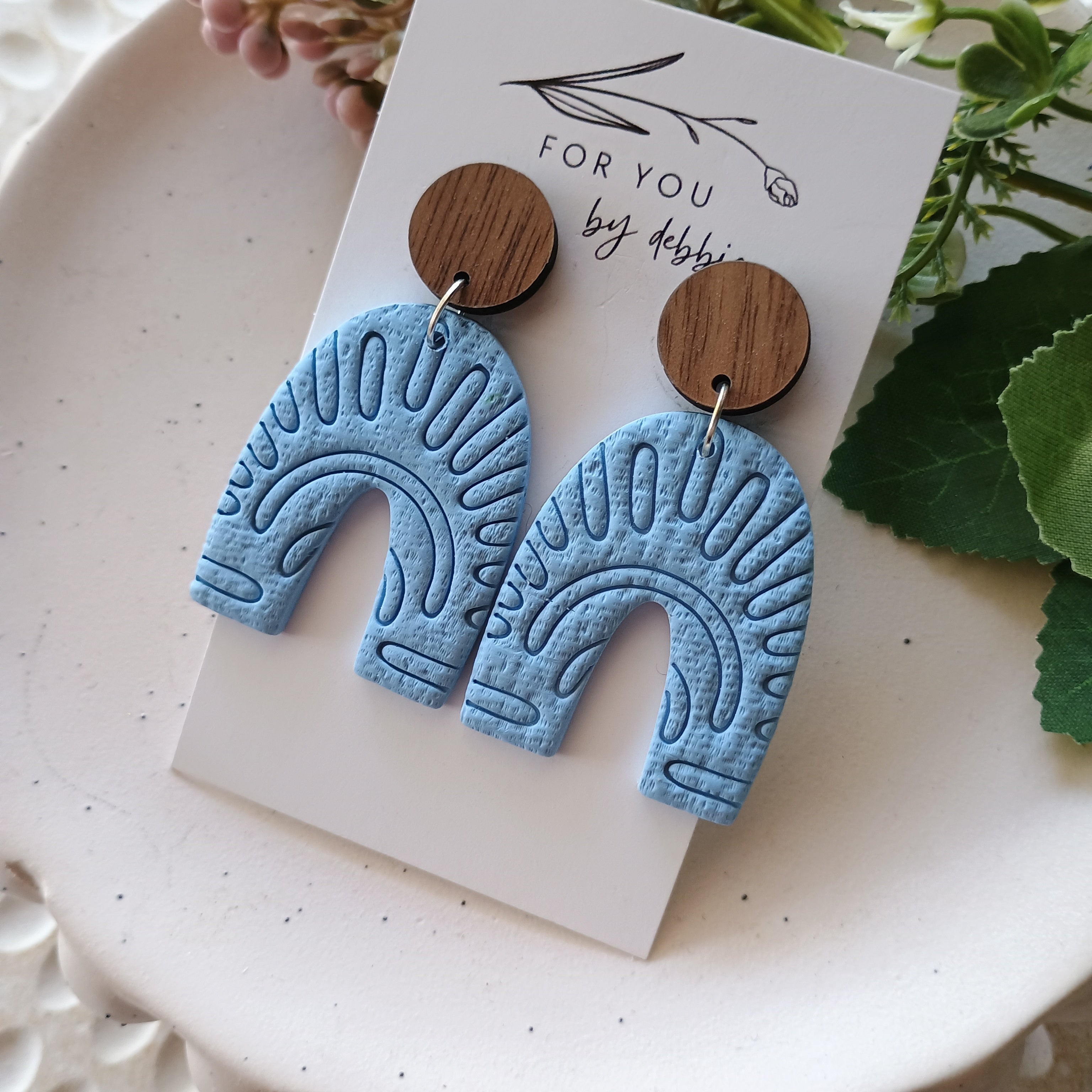 Orla arch dangle earrings- blue and wood stud