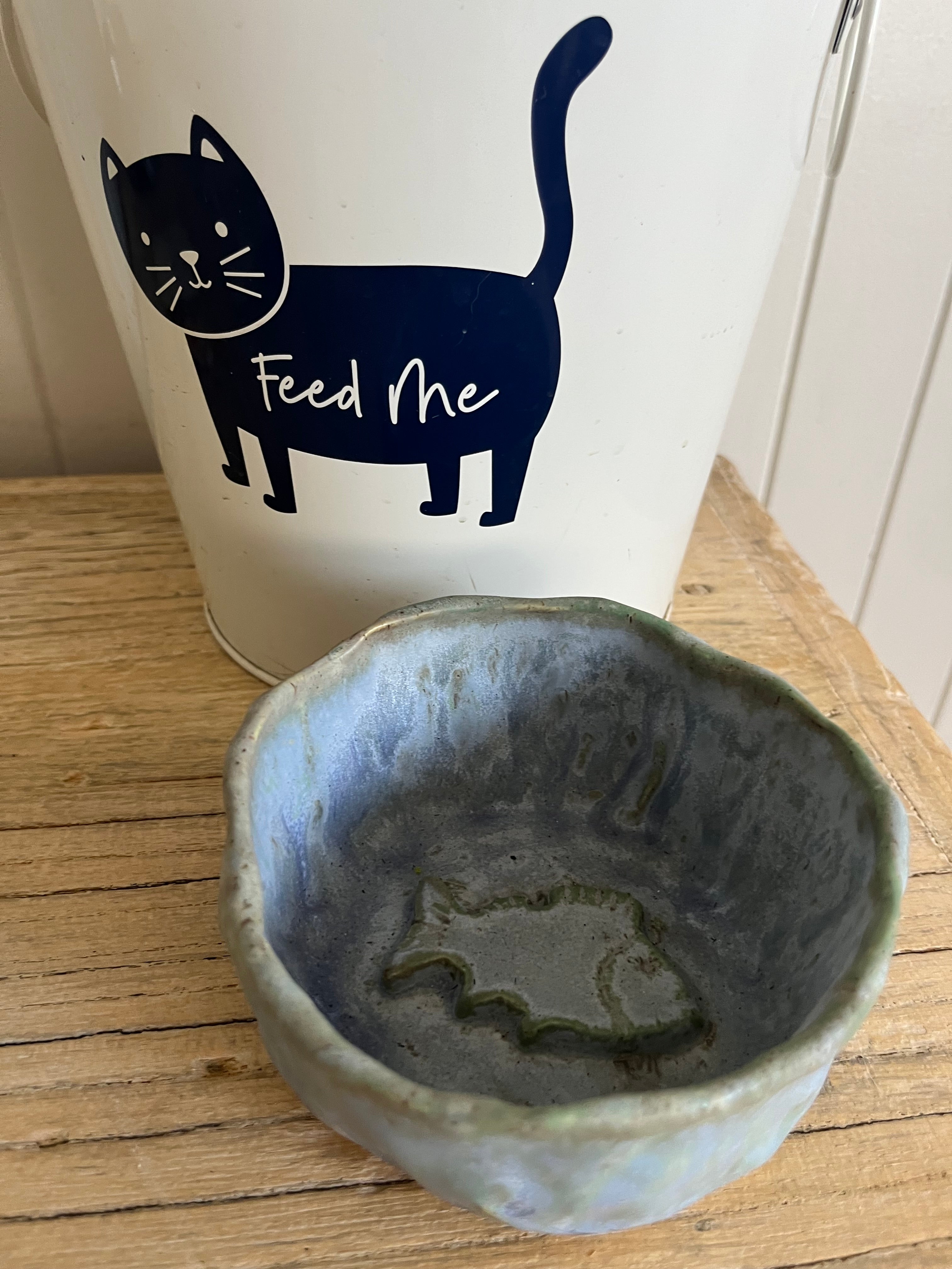 Hand Built Pottery Cat Bowl - Fish Detail