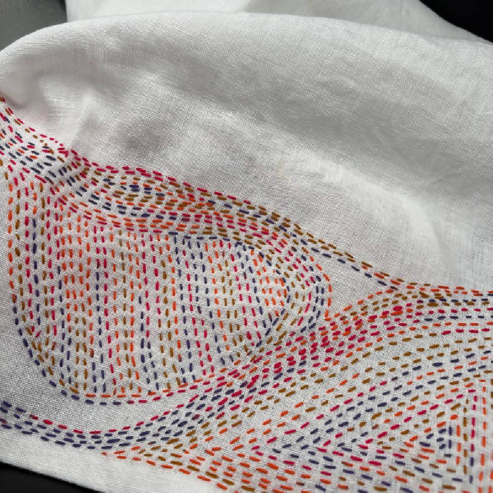 Hand stitched pure linen tea towel - Multi colour abstract by Leumesin Handmade