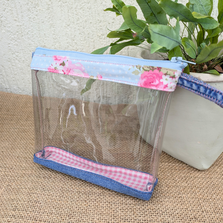 Travel Pouch Organiser Upcycled Denim Pink Rose