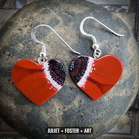 Poppy earrings, heart-shaped, silver hooks, handpainted, handcarved