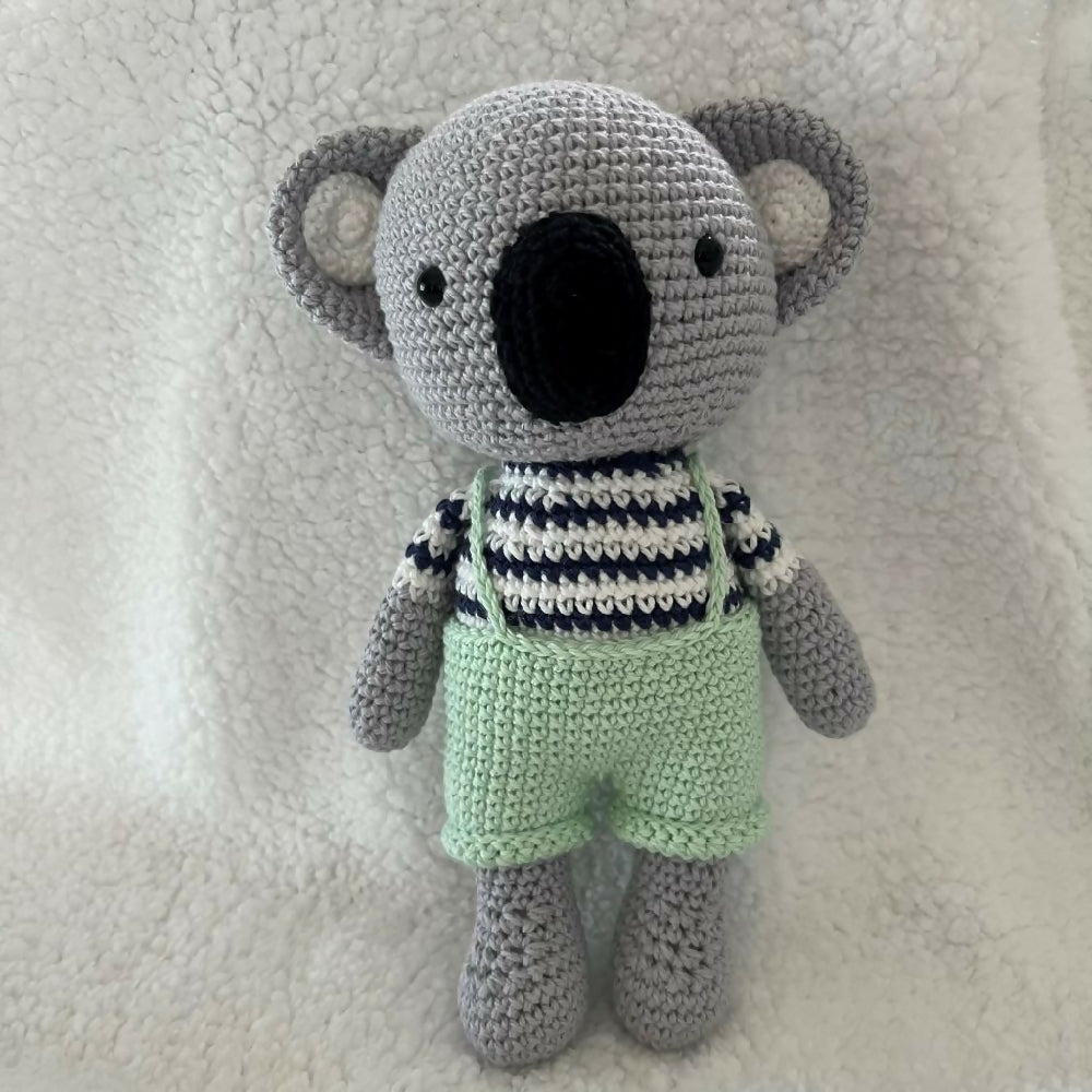 Crochet Koala in overalls soft toy