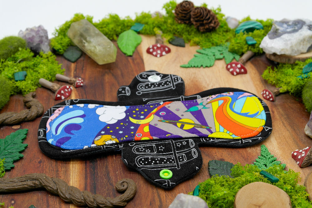 dig the flow reusables reusable cloth pad australian handmade maz made space ocean mushroom cotton lycra black black chemistry tubes cotton unique one-of-a-kind mishmash menstrual health business