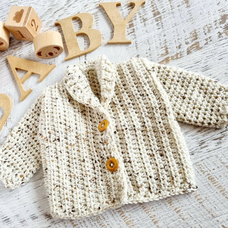 Baby Grandpa Cardigan | Oatmeal | Newborn | Handmade | Crochet | 0-3 months