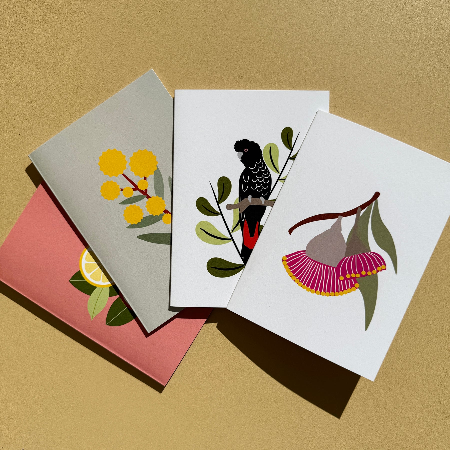 Greeting Cards Wattle, Gumnut Blossom, Black cockatoo & Citrus 4 pack