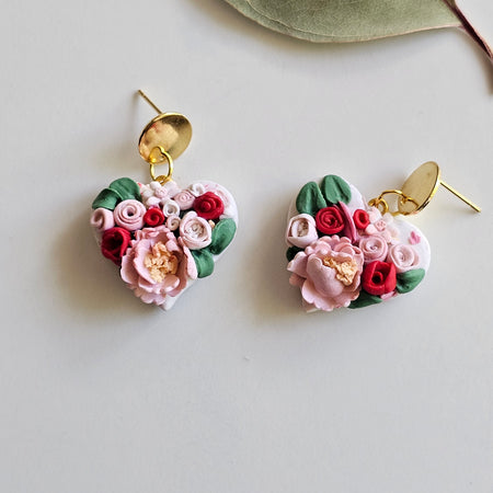 Floral bouquet heart earrings, Handmade Jewellery,Clay Earrings.