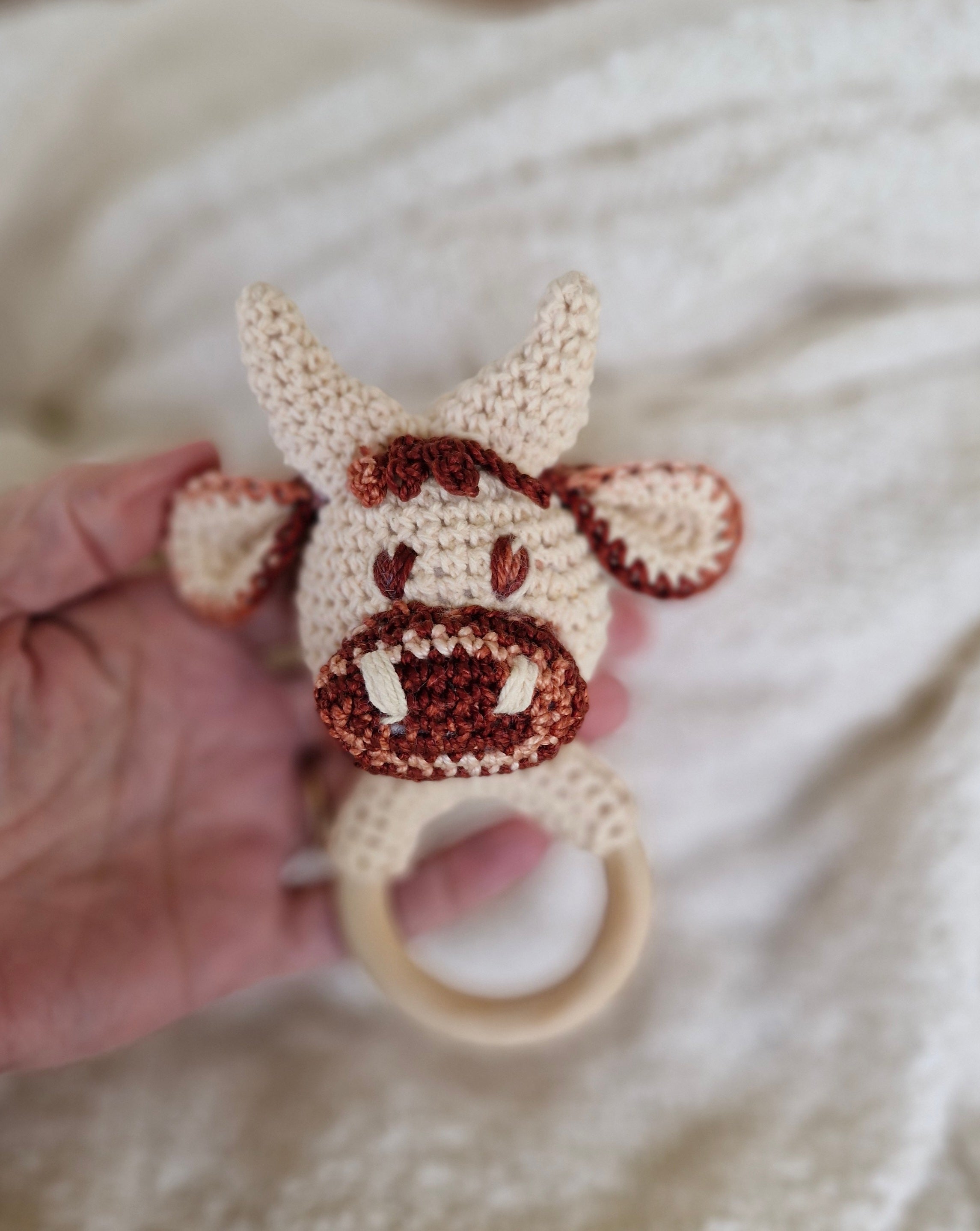 Crochet Highland Cow/Bull Rattle Teething Ring
