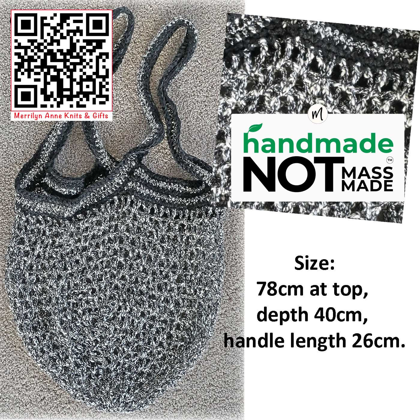 Market bags with bling! Black silver white, handmade. Free post.