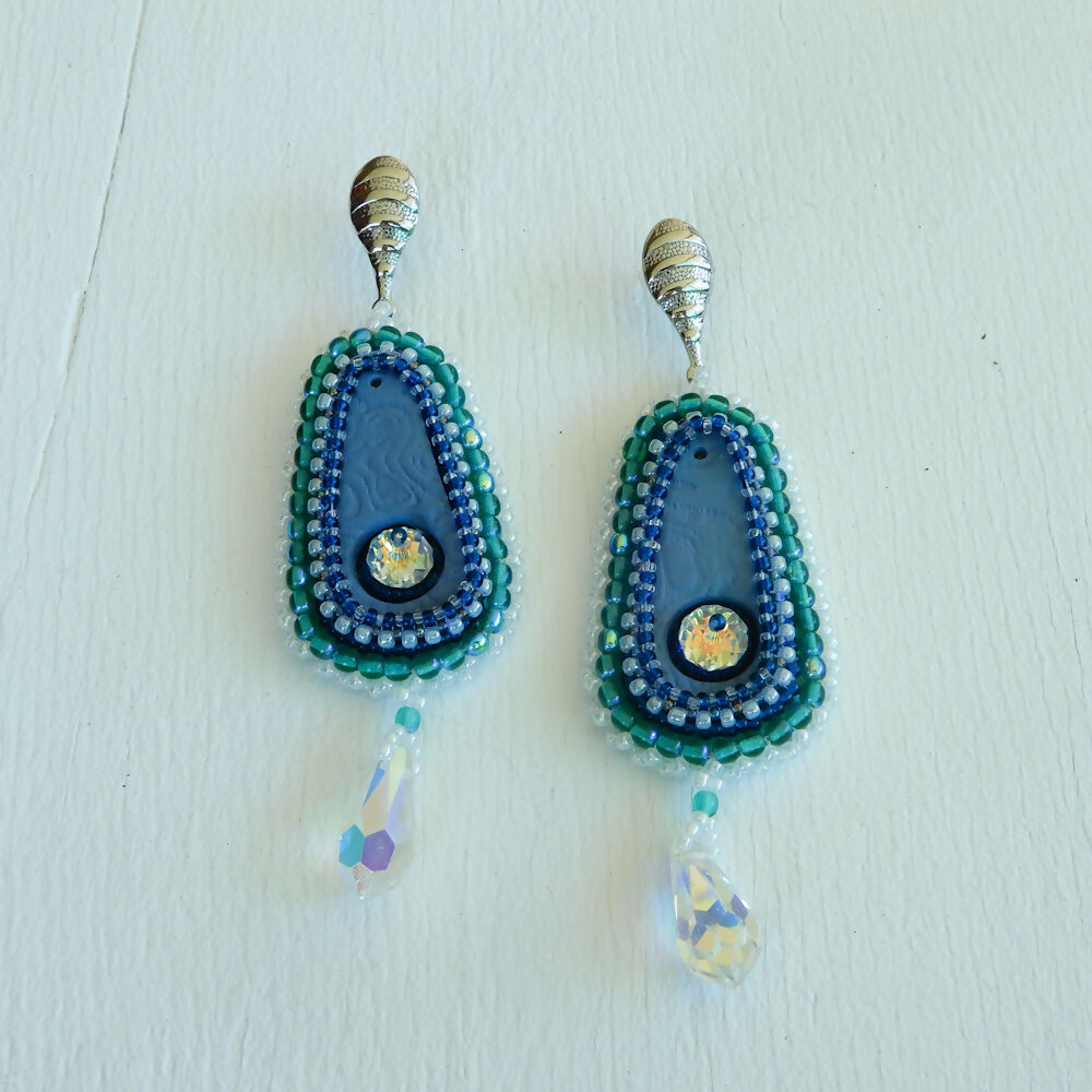 Blue Bead Embroidered Polymer Clay Pendant & Earrings Set "Crystal Smoke"