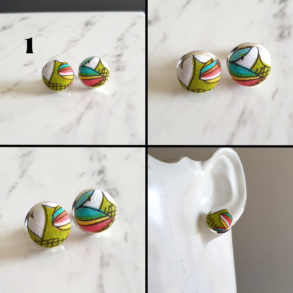 1.4cm Round Colourful Boho style cotton fabric Silver colour Cabochon stud earrings