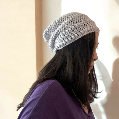 Crochet Slouchy Beanie in white with grey tint